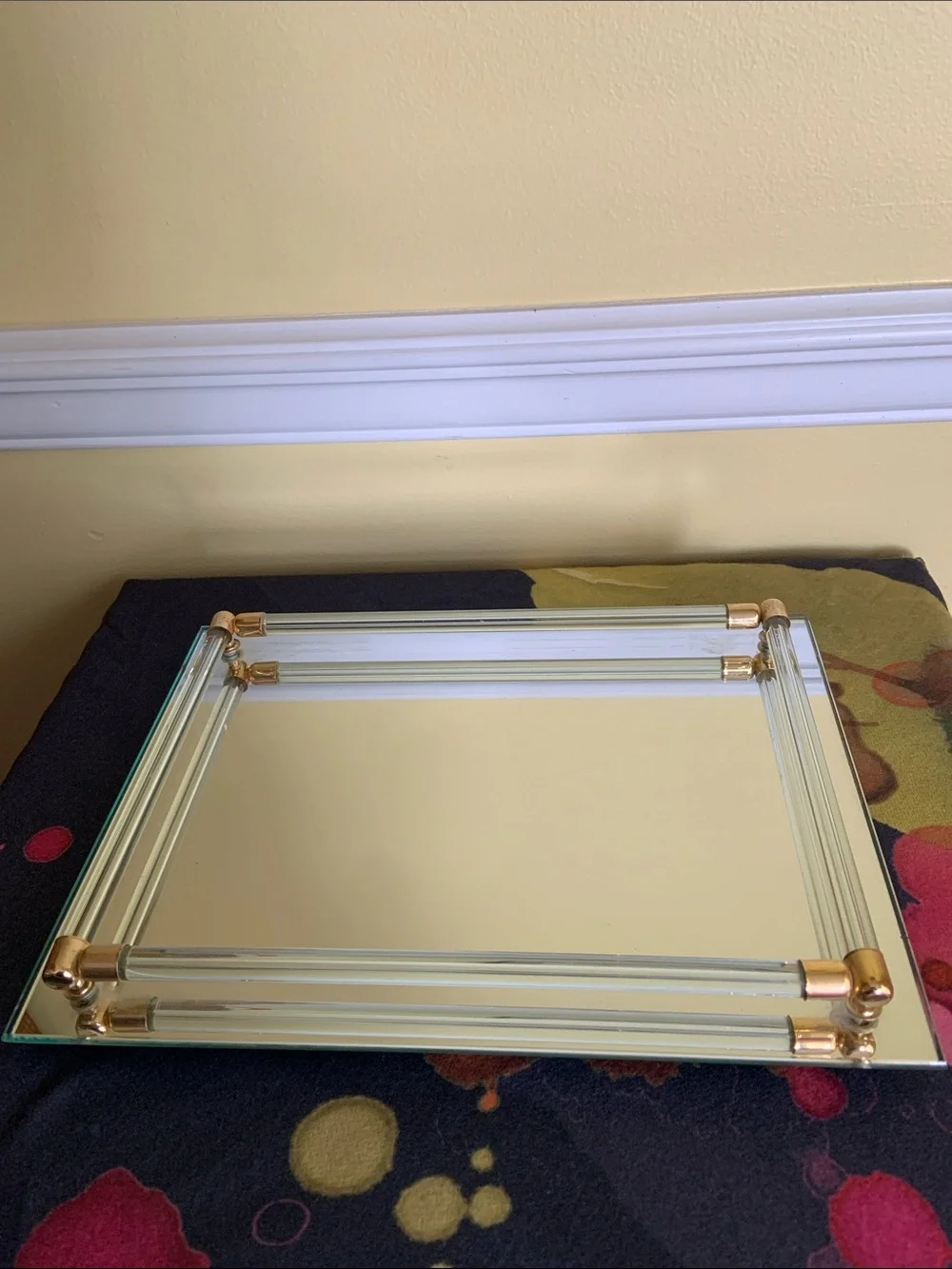 Mid Century Mirrored Glass Vanity Tray with Gold-Tone Accents and Glass Rods